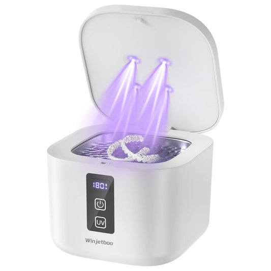 Ultrasonic Retainer Cleaner Machine, 48KHz Dental Cleaning Pod for Denture, Mouth Guard, Aligner, Night Guard, Braces, Toothbrush Heads, Jewelry with Digital Timer & 6 Modes, 13oz Capacity, White