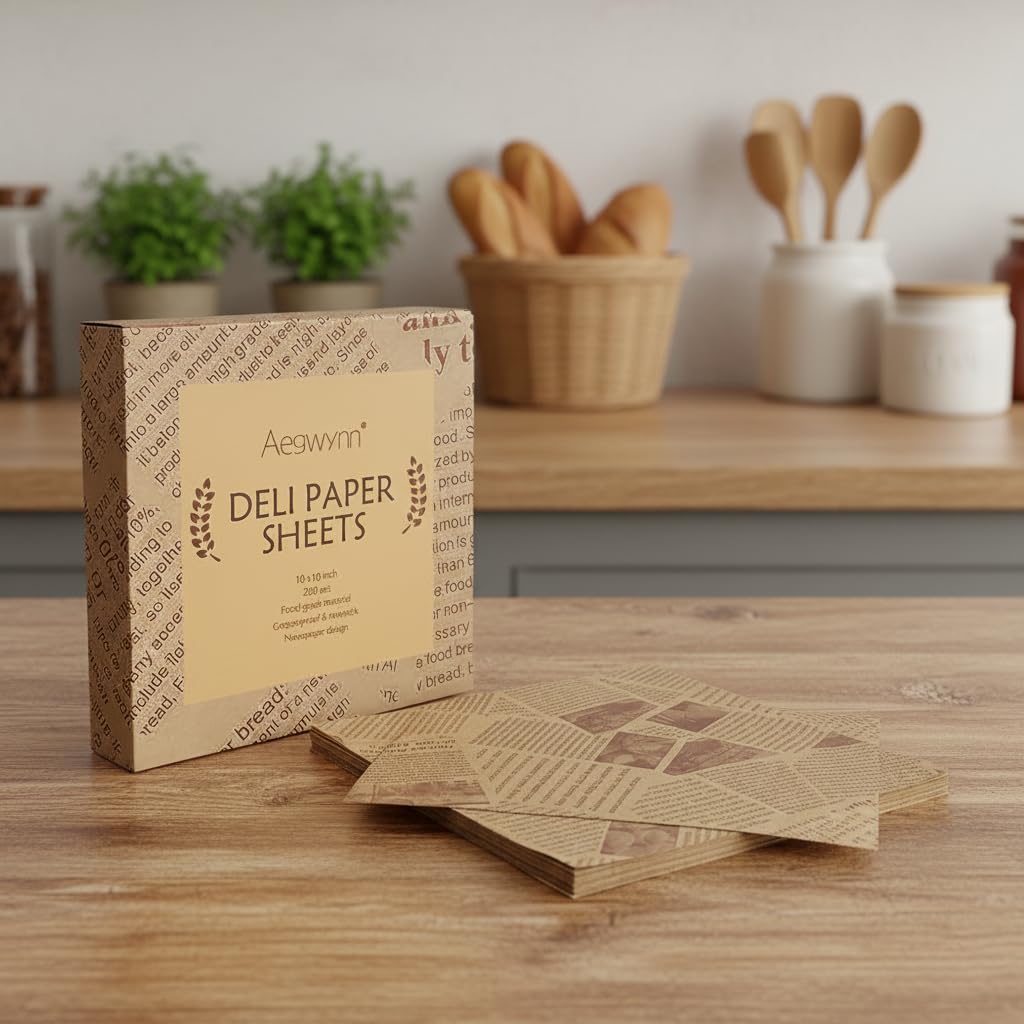 Aegwynn Deli Paper Sheets, Wax Coated, Food Safe, Grease-Proof, 10x10 Inch, 200 Count, Kraft Paper for Food Service, Sandwich Wrapping