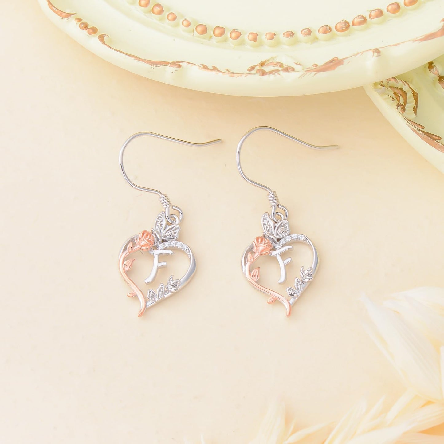 TOUPOP Rose Heart Initial Earrings Sterling Silver Butterfly Earring Initial F Letter Drop Dangle Earrings Jewelry Anniversary Birthday Mothers Day Gifts for Women Mom Wife Girlfriend Her