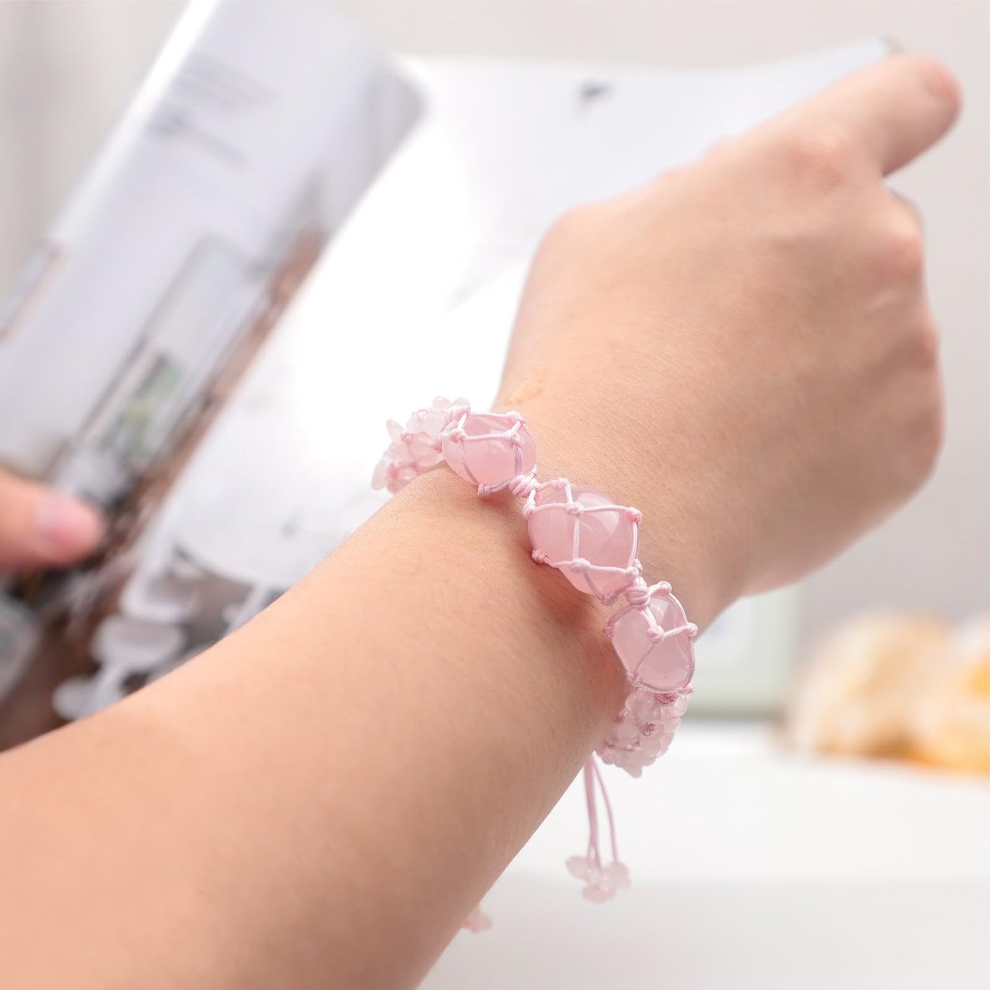 TUMBEELLUWA Boho Handmade Braided Crystal Holder Bracelet Chakra Healing Crystal Chips Bracelet Adjustable Trendy Jewelry Gifts for Women Men, Rose Quartz