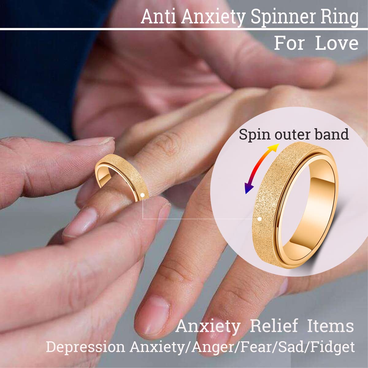 OreilleStar Titanium Stainless Steel Anxiety Ring for Women Men Fidget Toys Adults Spinner Ring 6mm Wide Cool Mood Rings Band Rings Hand Polished Gold Size 7
