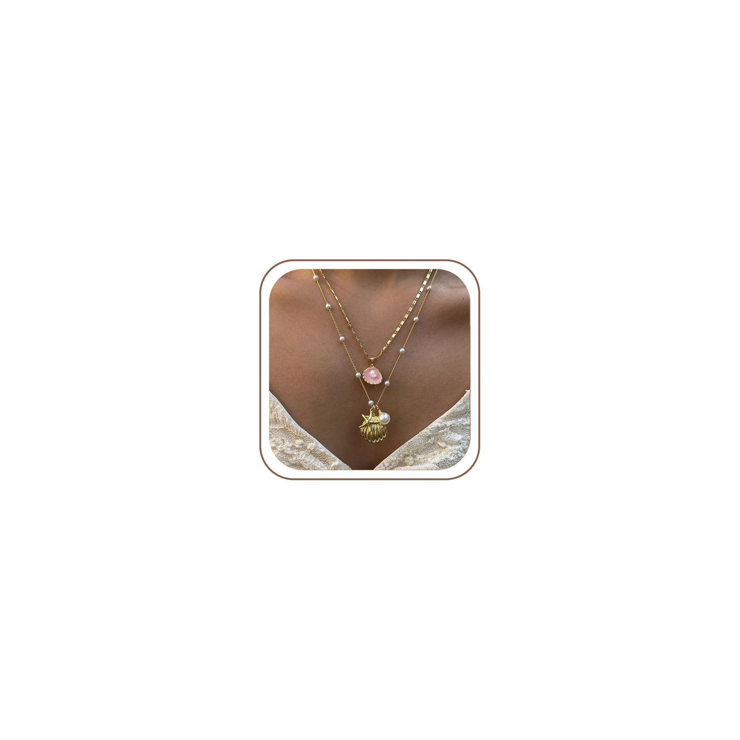 Drogomen Shell Necklaces for Women Layered Beach Charm Necklace Sea Shell Starfish Necklace Bohemian Surfer Beachy Summer Jewelry Vacation Outfits for Women (AP)