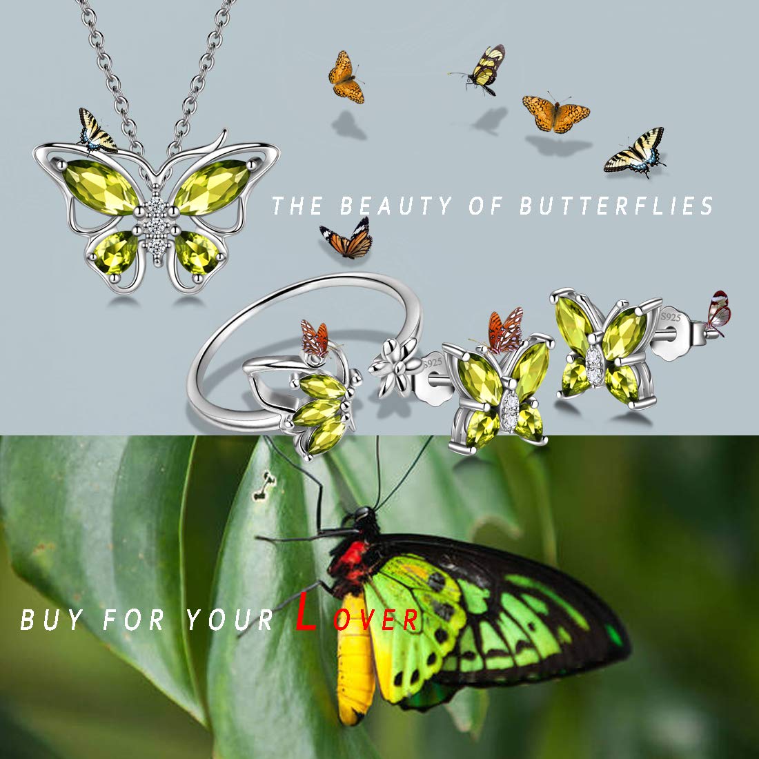 Hipunk Butterfly Green Jewelry Sets Birthstone Women 925 Sterling Silver August-Peridot Birth Stone Animal Butterflies Jewelry Sets/Earring/Ring Set Crystal Birthday Jewelry SS0002A