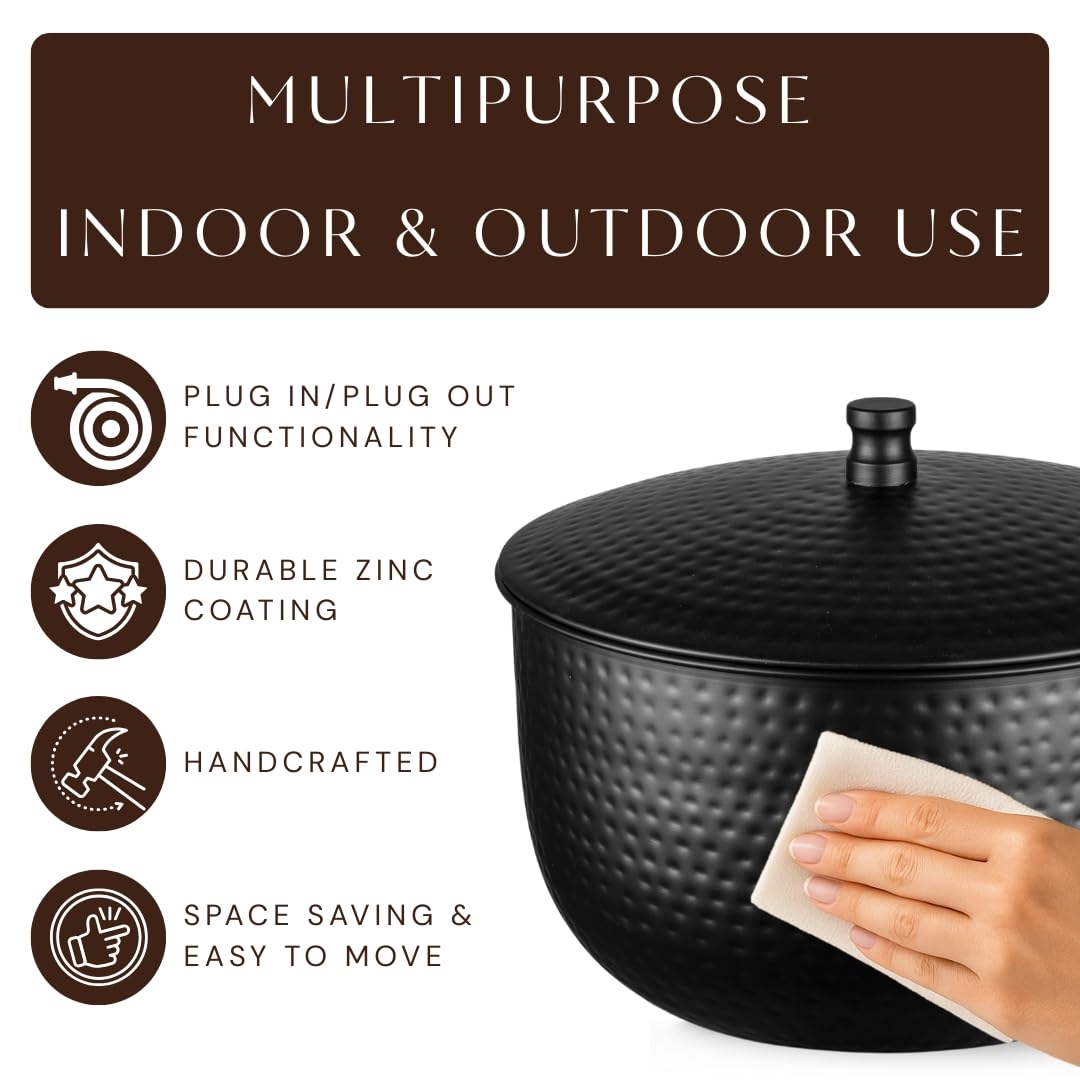 Monarch Abode Garden Hose Holder with Lid – Decorative Water Hose Holders for Outside, Hand Hammered Metal Matte Black Pot with Drainage, 100ft Waterhose Holder for Outside, Garden Storage Caddy