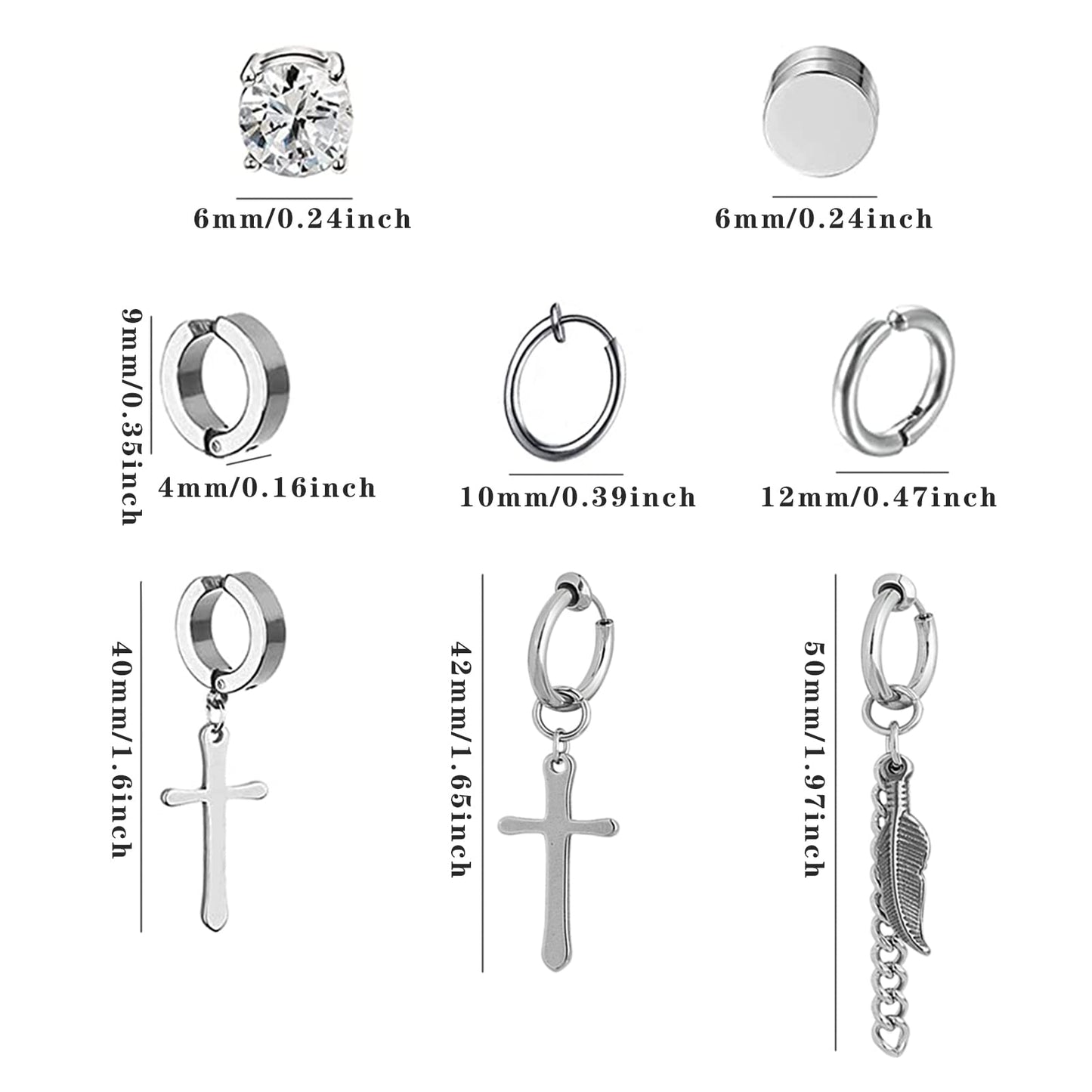 NEWITIN 15 Pairs Magnetic Stud Earrings for Men Clip on Earrings Stainless Steel Magnet Earring Unisex Dangle Cross CZ Hoop Magnetic Stud Earring Set for Men Women