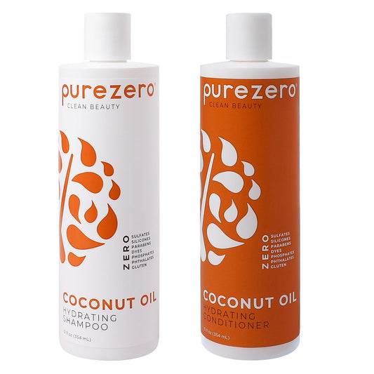 PureZero Coconut Oil Hydrating Silicone Free Shampoo & Conditioner Set – Vegan Formula for Dry or Color-Treated Hair – Deep Moisture, Sulfate-Free, Paraben-Free, Cruelty-Free Hair Care Duo, 2 × 12 oz