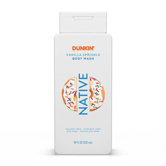 Native Body Wash, Dunkin Vanilla Sprinkle, Contains Naturally Derived Ingredients | For Women & Men, Sulfate, Paraben, & Dye Free Leaving Skin Soft and Hydrated | 18 oz