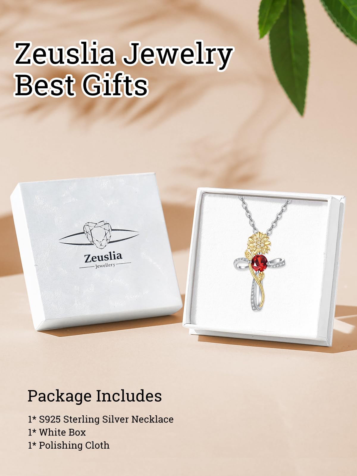 Cross Necklace for Women Sterling Silver Cross Pendant Jewelry with Sunflower Garnet January Birthstone Necklace Christian Religious Baptism First Communion Confirmation Birthday Gifts for Women