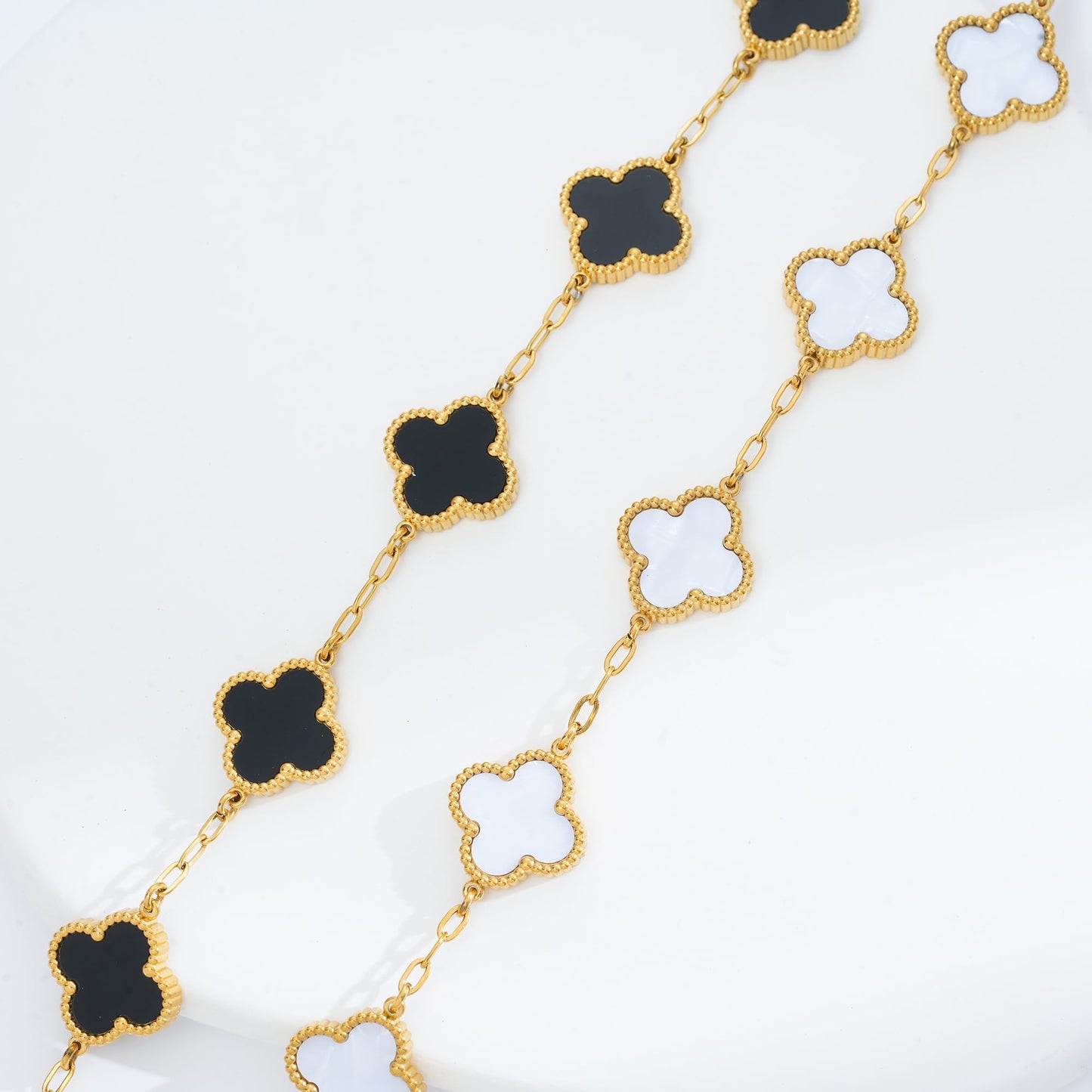 Acicihenn Waterproof Four-Leaf Clover Bracelet,Adjustable Link Double Sided Jewelry, Lovely Fashion Jewelry Gift for Women Black Bracelet + White Bracelet