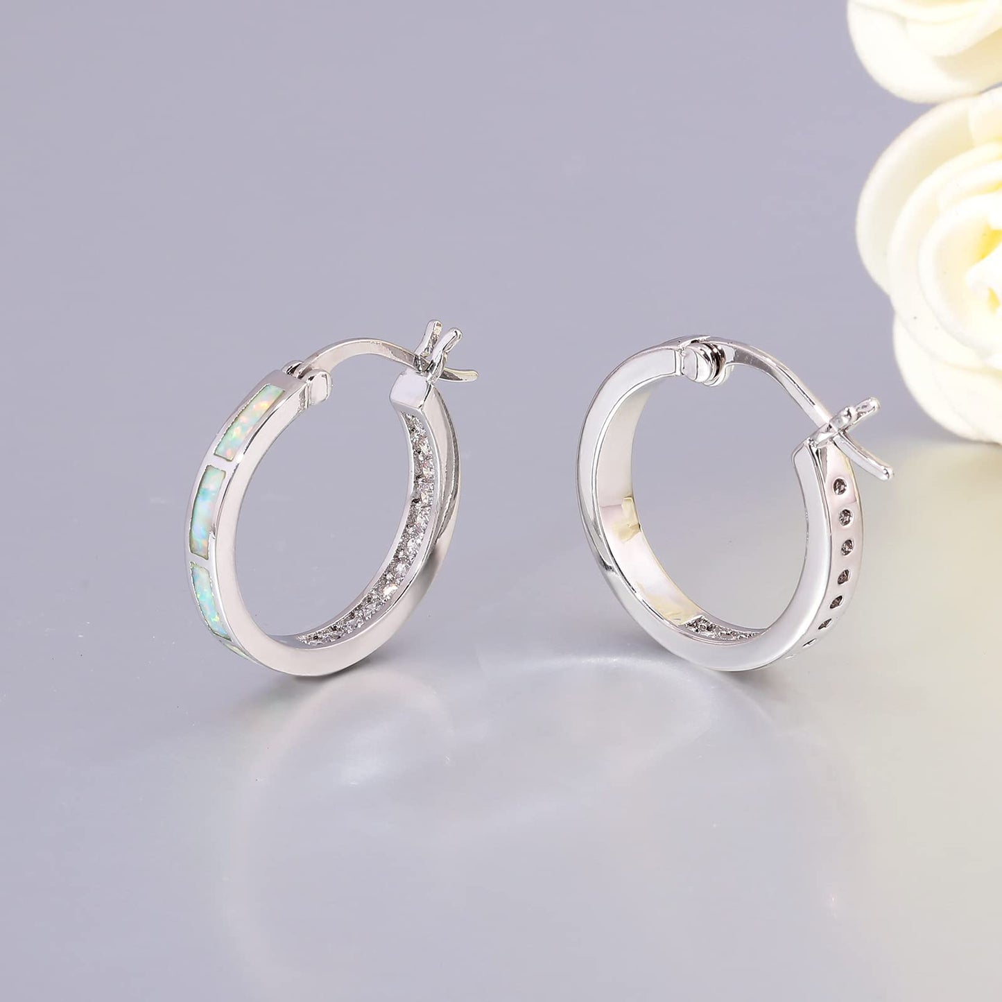 CiNily Women's Hoop Earrings Opal Earrings White Gold Plated Hypoallergenic Small Round Ear Hoops Ladies White Gemstone Hoop Earrings Jewelry 20mm