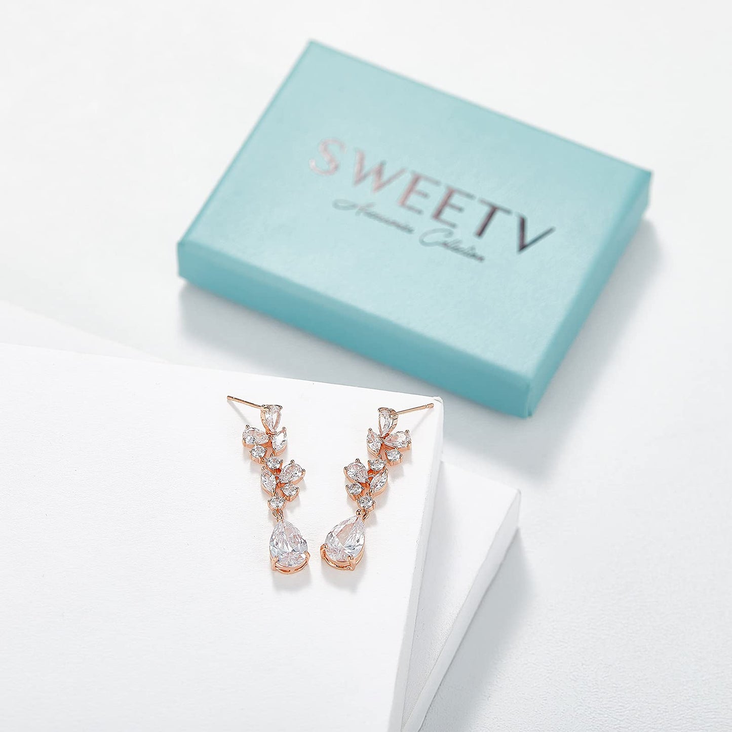 SWEEETV Bridal Wedding Earrings for Brides Bridesmaides-Marquise Teardrop Earrings for Women, Cubic Zirconia Drop and Dangle Earrings for Prom or Pageant,Jewelry, Rose Gold
