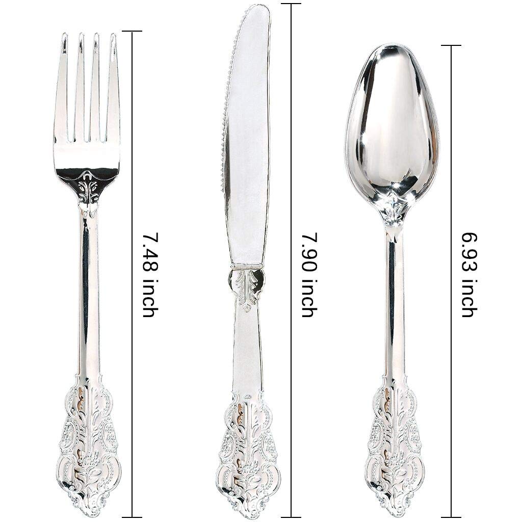 WDF 360 Pieces Silver Plastic Silverware- Disposable Flatware - Heavyweight Plastic Cutlery- Includes 120 Forks, 120 Spoons, 120 Knives for Christmas