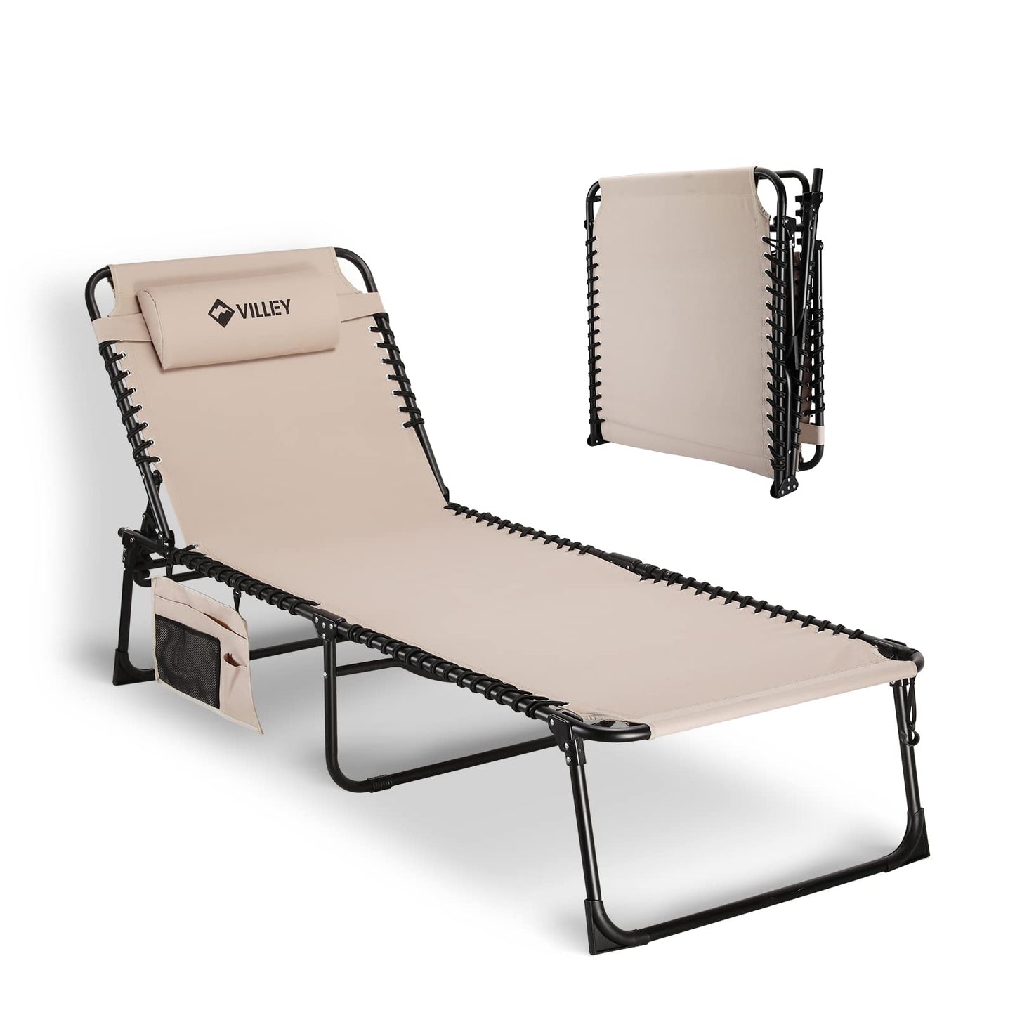 VILLEY Oversized Chaise Lounge Chair, Heavy-Duty Folding Outdoor Lounge Chair with 5 Adjustable Positions, Portable Trifold Beach Lounger for Patio, Beach, Lawn, Backyard, Camping – Beige
