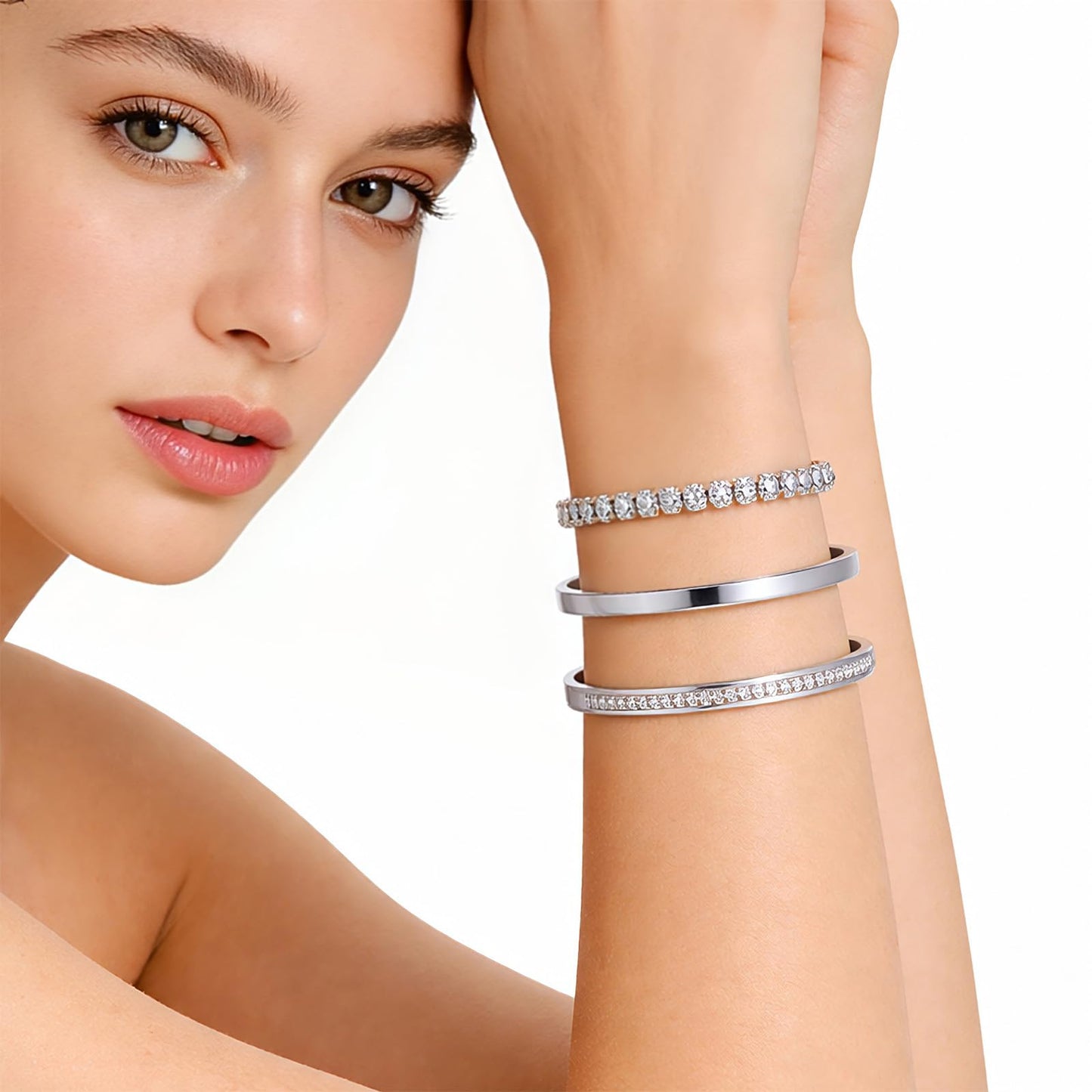 Camhanno Stackable Silver Bracelets for Women Stainless Steel Love & Friendship Bangle, Mothers Day Valentines Birthday Christmas Jewelry Gifts for Mom Her Wife Grandma (Silver Bracelet Stack 3pcs)