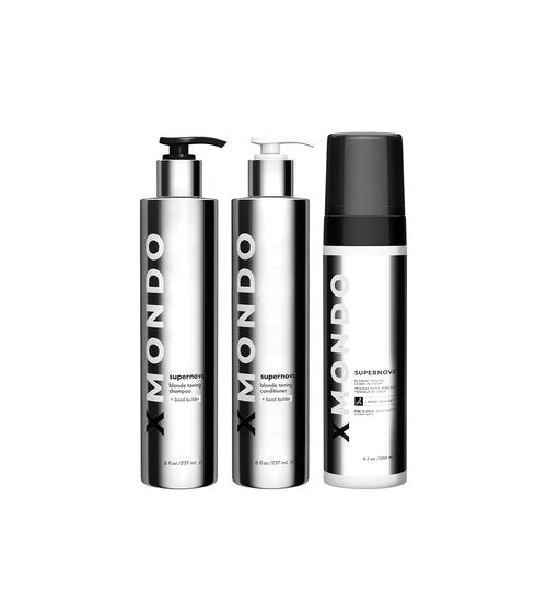 XMONDO Hair Supernova Blonde Toning Shampoo & Conditioner 8 Fl Oz ea. and Leave-in Foam 6.7 oz. Bundle | Vegan Formula with Vegetable Proteins to Replenish, Restore, and Reduce Yellow Tones, 3pc set