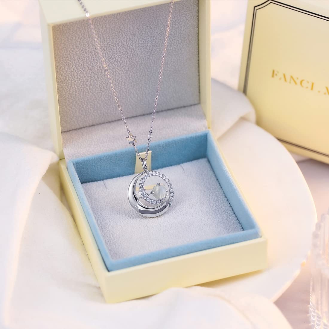 FANCIME Moonstone Necklace 925 Sterling Silver June Birthstone Moon Star Pendant Fine Jewelry Birthday Anniversary Mothers Day Gifts for Mom Women, Adjustable Chain 16"+2"