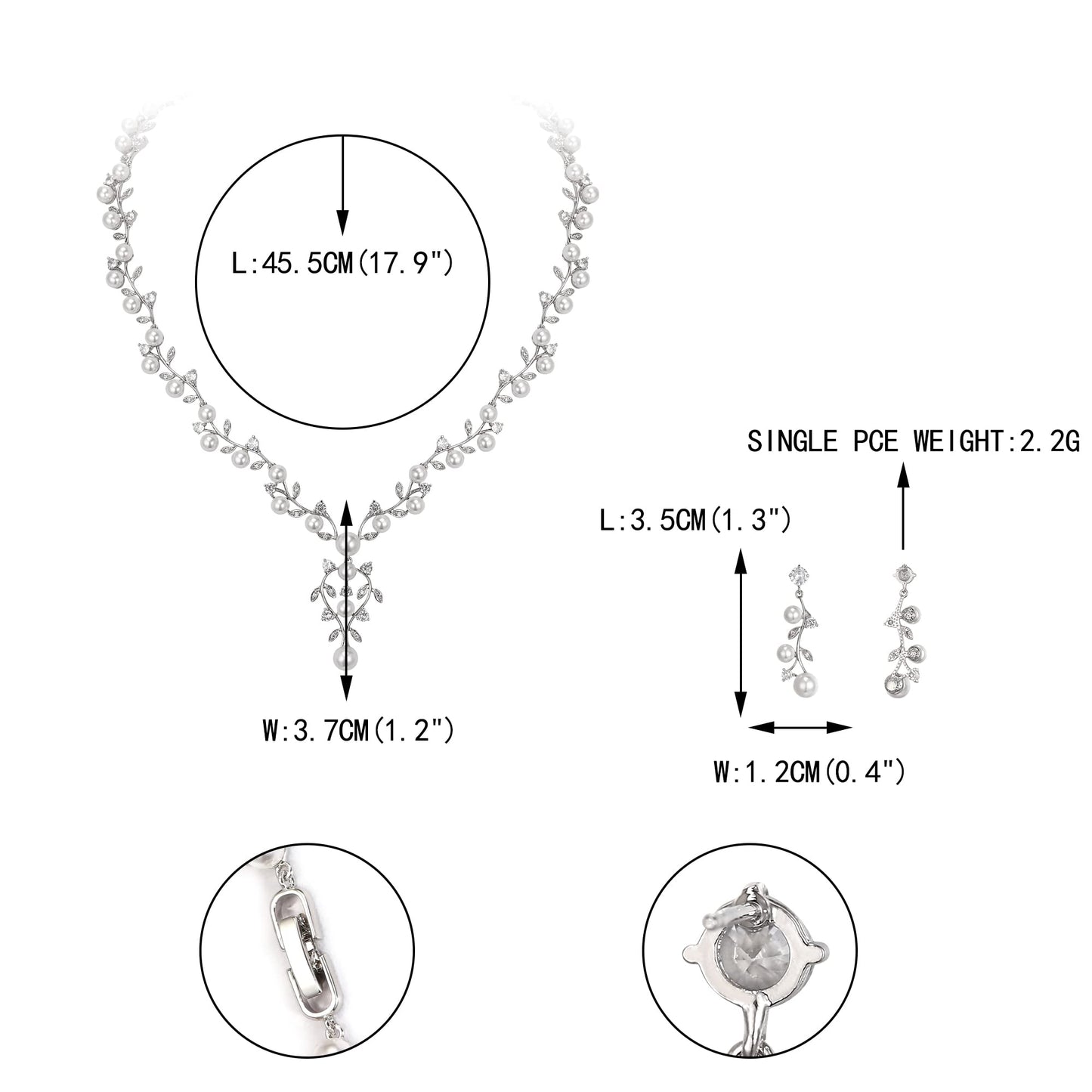 EVER FAITH Bridal Jewelry Sets for Women, White Cubic Zirconia Simulated Pearl Leaf Vine Wedding Necklace Dangle Earrings for Bride Bridesmaid Clear Silver-Plated-Brass