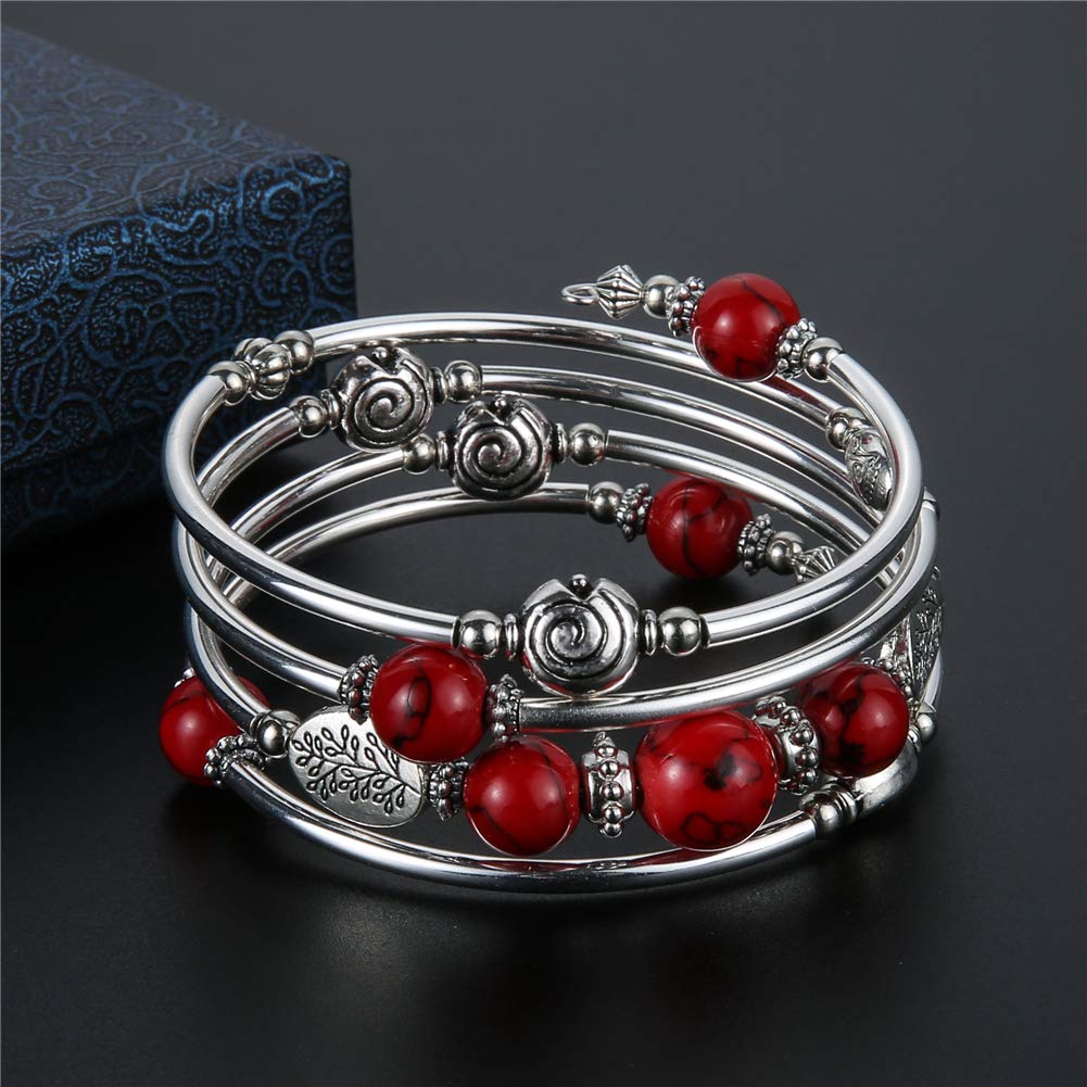 Beaded Pearl Bangle Wrap Bracelet - Fashion Bohemian Jewelry Multilayer Charm Bracelet with Thick Silver Metal Beads, Gift For Women(13-Red)