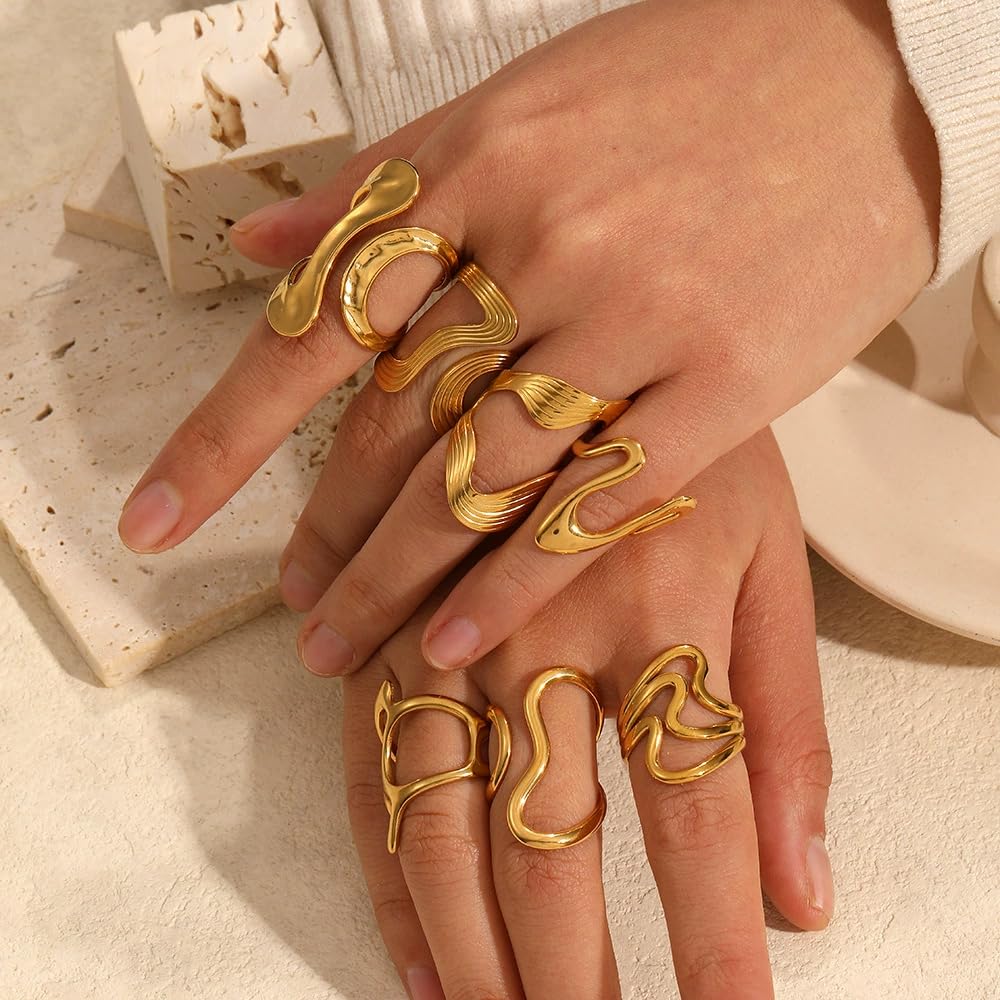 AIETUE Chunky Rings For Women, Gold Silver Thumb Ring Asymmetrical Wavy Curve Ring Adjustable Non Tarnish Dainty Stainless Steel New Year Anniversary Birthday Jewelry Gift (Trendy Gold #2)