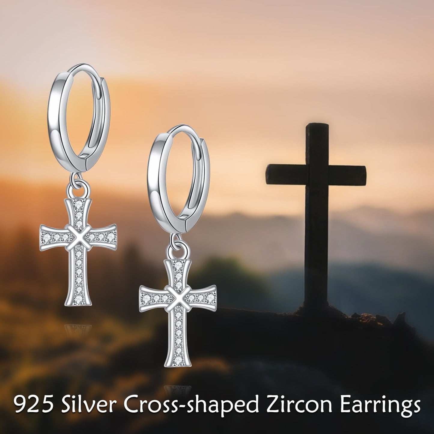 925 Sterling Silver Cross Hoop Earrings Dangle Drop Earrings Huggie Jewelry Birthday Gifts for Women (Cross Cubic Zirconia)