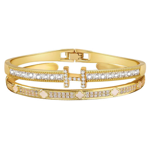 14K Gold Plated Love Bracelets Set for Women Clovers Bangle Letter H Bangle Cubic Zirconia Bracelet 2Pcs Stackable Bracelet Set Trendy Gifts for Women