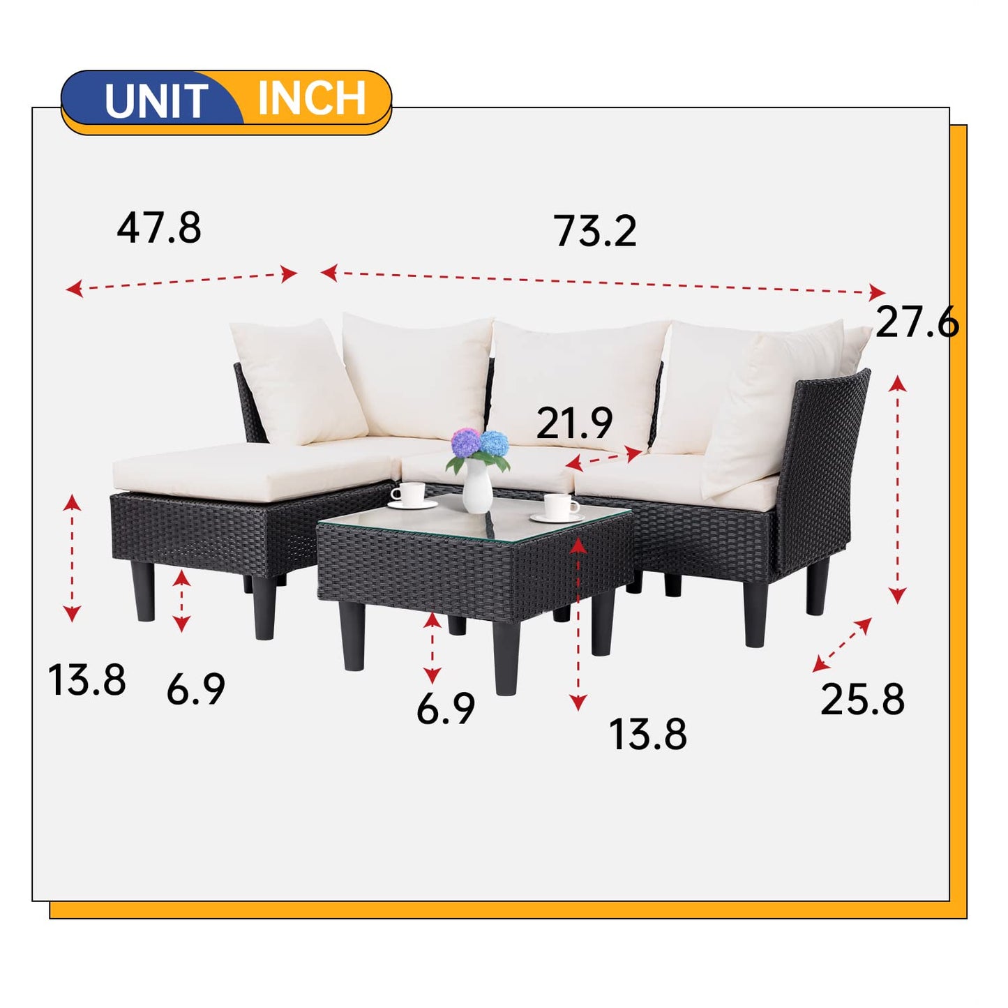 5 Pieces Patio Furniture Sets Outdoor Sectional Sofa Rattan Chair Wicker Conversation Set for Outdoor Backyard Porch Poolside Balcony Garden Furniture with Coffee Table,Khaki Cushion