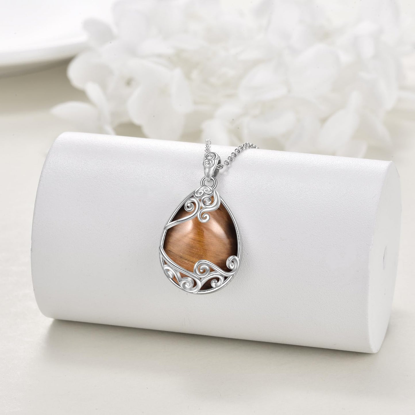 YAFEINI 925 Sterling Silver Tiger Eye Stone Necklace Filigree Teardrop Pendant Necklace Jewelry for Women (EE-Tiger Eye Stone Filigree Necklace)
