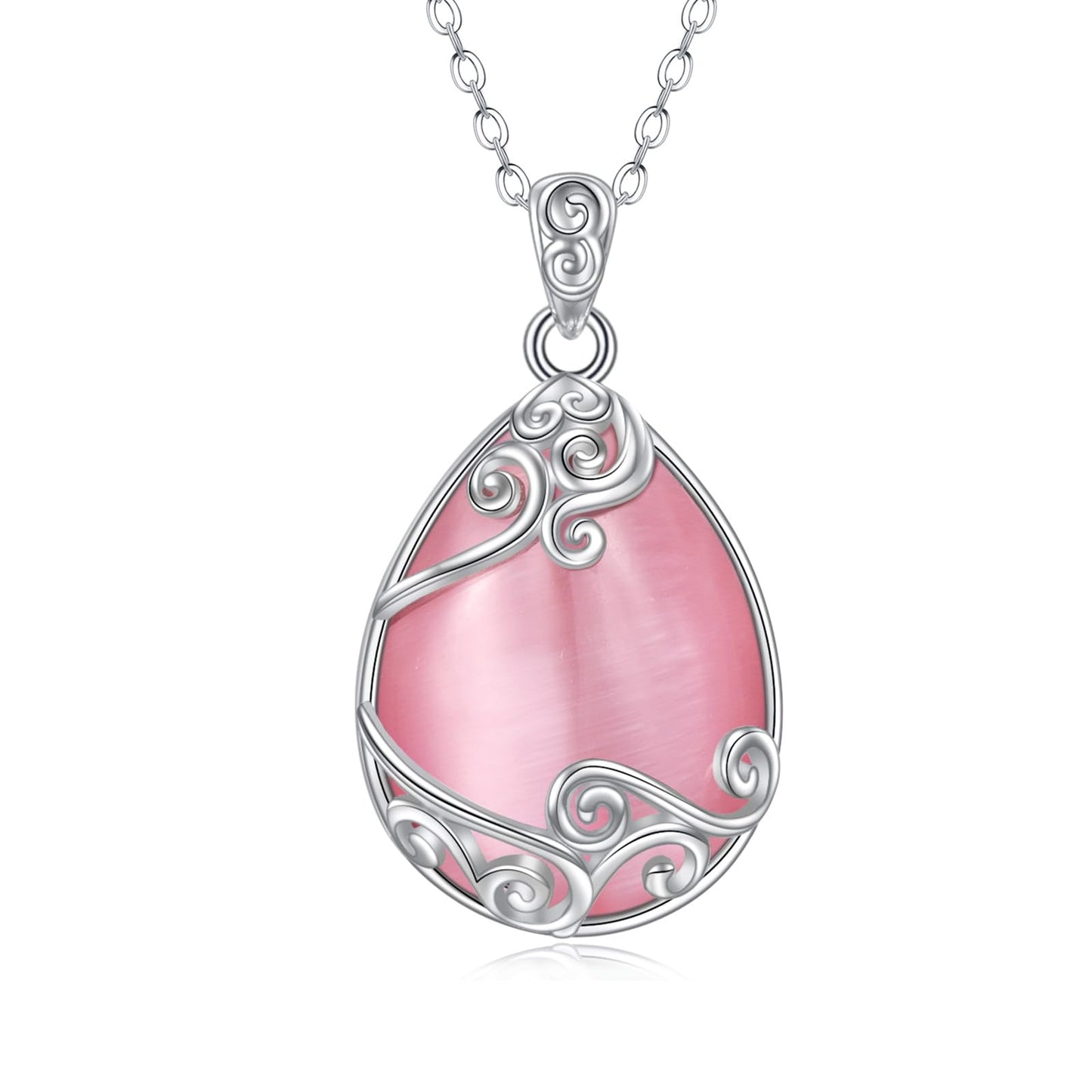 YAFEINI Teardrop Necklace 925 Sterling Silver Pink Natural Stone Necklace Filigree Pendant Necklace Jewelry for Women(T-Pink Opal teardrop necklace)