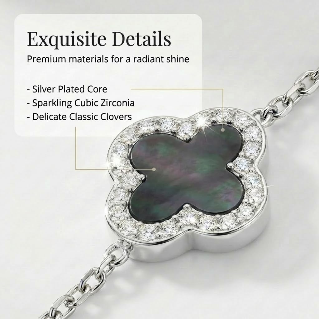 SHINYY Four Leaf Clover Bracelet for Women | 18K Gold Plated Cubic Zirconia Link Bracelet | 4 Leaf Lucky Jewelry Gift for Her (Black Silver)