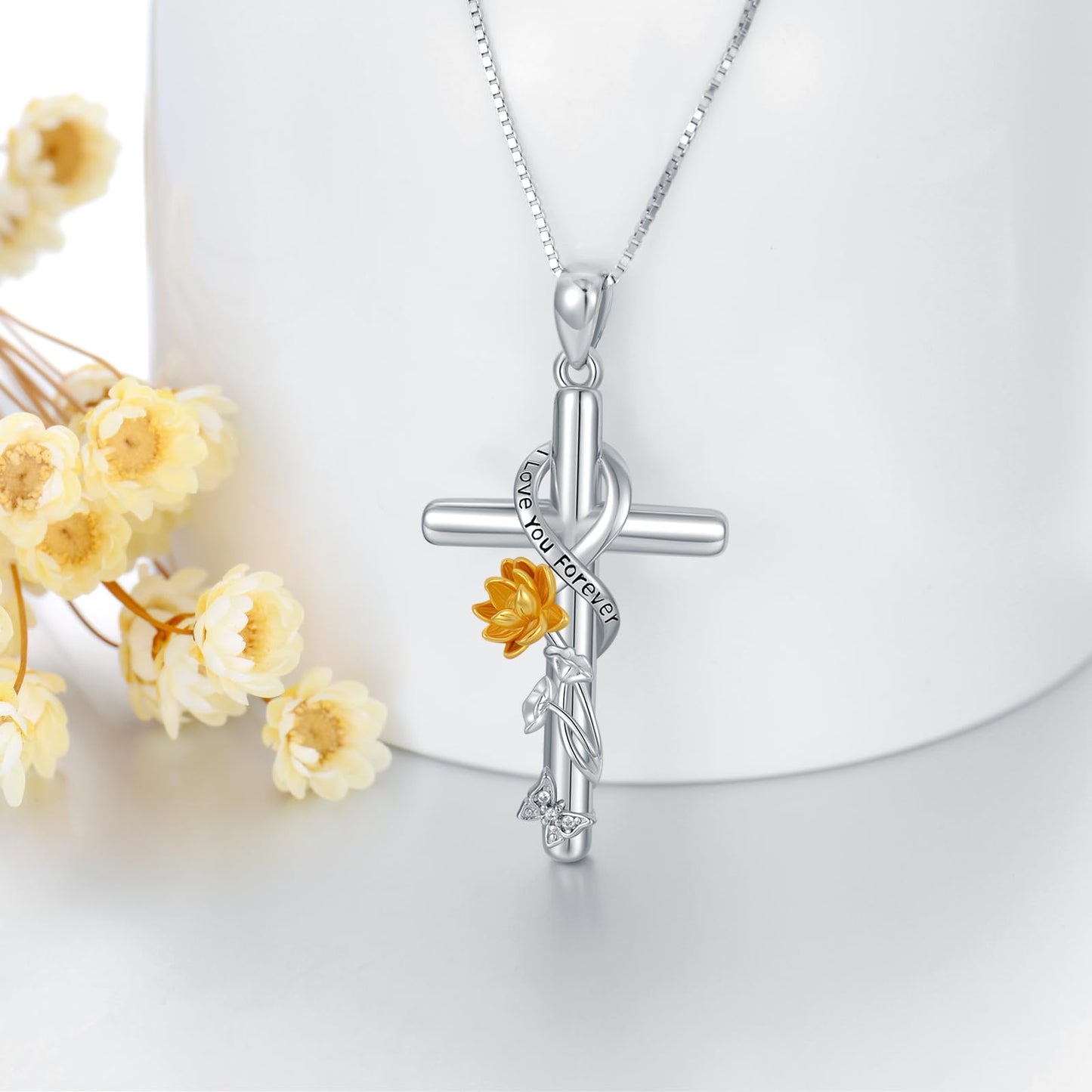 Flpruy Lotus Necklace for Women - 925 Sterling Silver July Birth Flower Cross Pendant - Lotus Jewelry Birthday Gift