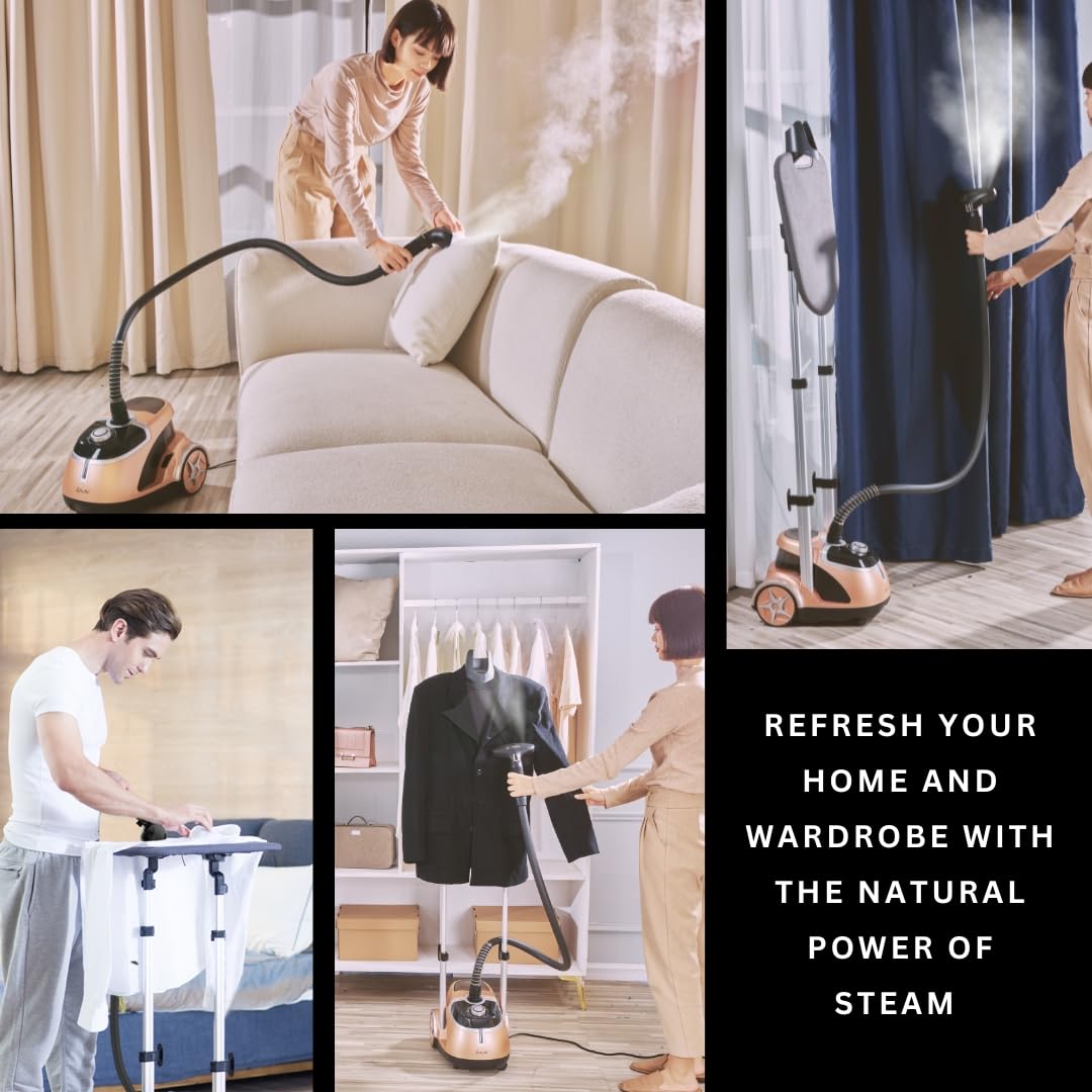 SALAV® Professional Garment Steamer with Built-in Ironing Board, 1500W Continuous Steam, 4 Steam Settings, Chrome Finish, Stainless Steel Steam Plate, Removable 1.8L Tank, Wheels for Easy Movement