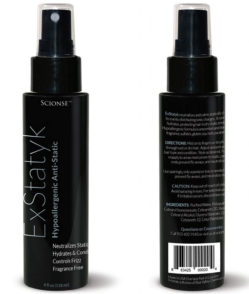 ExStatyk - Anti Static Hypoallergenic Spray, Anti- Frizz, Fragrance Free, unscented