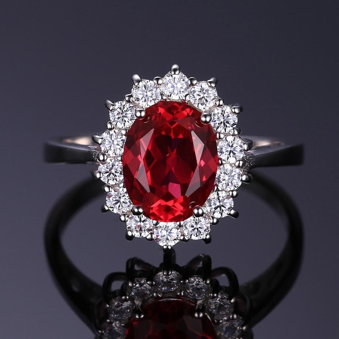 JewelryPalace Princess Diana Kate Middleton Gemstone Birthstone Red Ruby Halo Statement Engagement Rings for Women, 14K White Gold Plated 925 Sterling Silver Promise Rings for Her Size 10.5