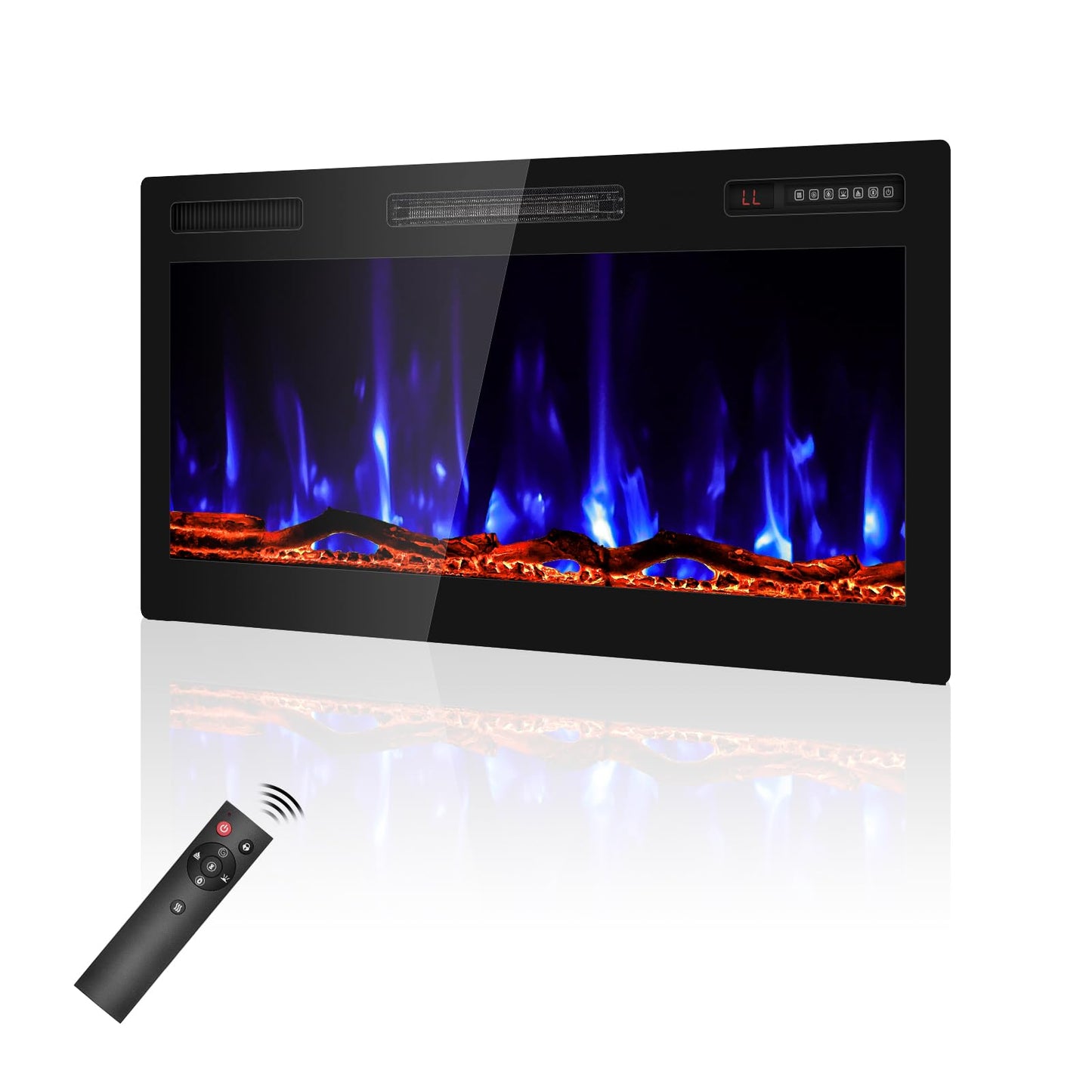 BREEZEHEAT 36 Inch Electric Fireplace Recessed and Wall Mounted, Ultra Slim Linear Fireplace Heater 750/1500W w/Log, 12 Flame Colors, Lower Noise, 8H Timer