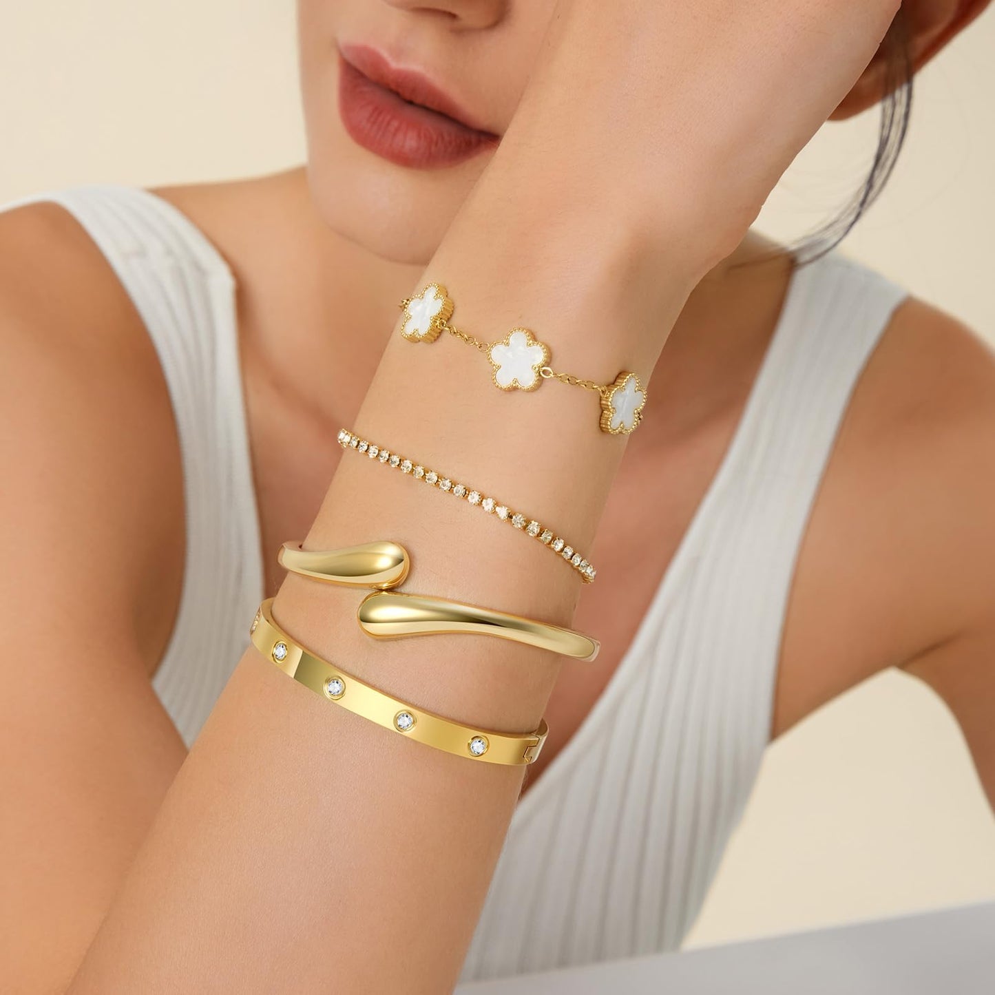Mothers Day Gifts for Mom 18K Gold-Plated Bracelet Set – Floral Clover, Tennis, Chunky Adjustable Twist Cuff, Classic Gold-plated Bangle Stainless Steel, Non Tarnish, Stackable Bracelet Gift for Women