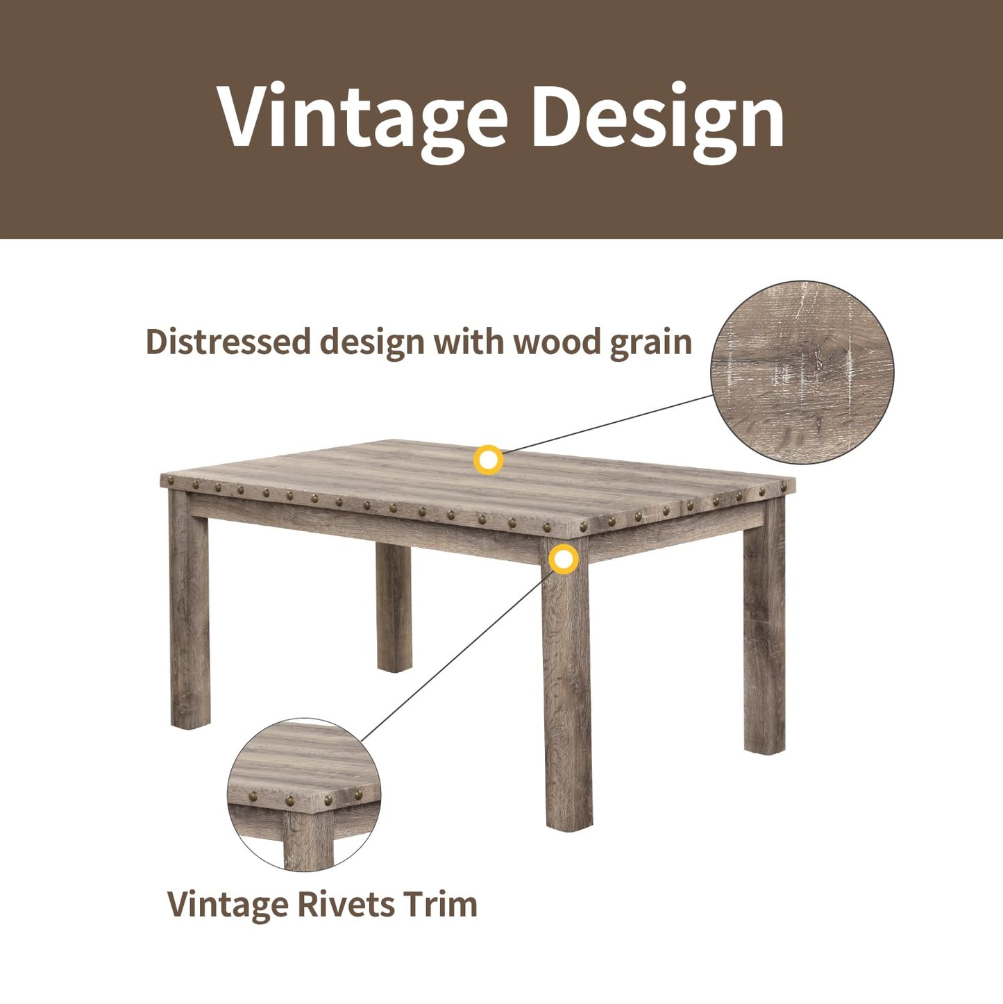 Morden Fort Farmhouse Dining Set for 4, 60" Rectangular Wooden Table & 4 Upholstered Chairs with Nailhead Accents, 5-Piece Kitchen Table Set for Dining Room, Breakfast Nook, Antique Rustic