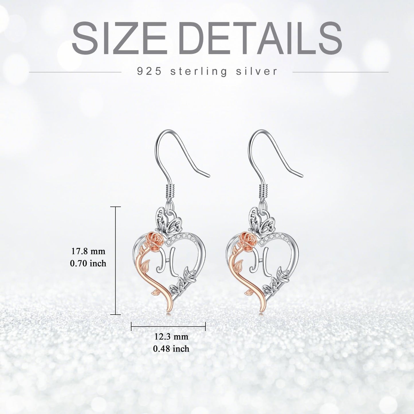 TOUPOP Rose Heart Initial Earrings Sterling Silver Butterfly Earring Initial H Letter Drop Dangle Earrings Jewelry Anniversary Birthday Mothers Day Gifts for Women Mom Wife Girlfriend Her