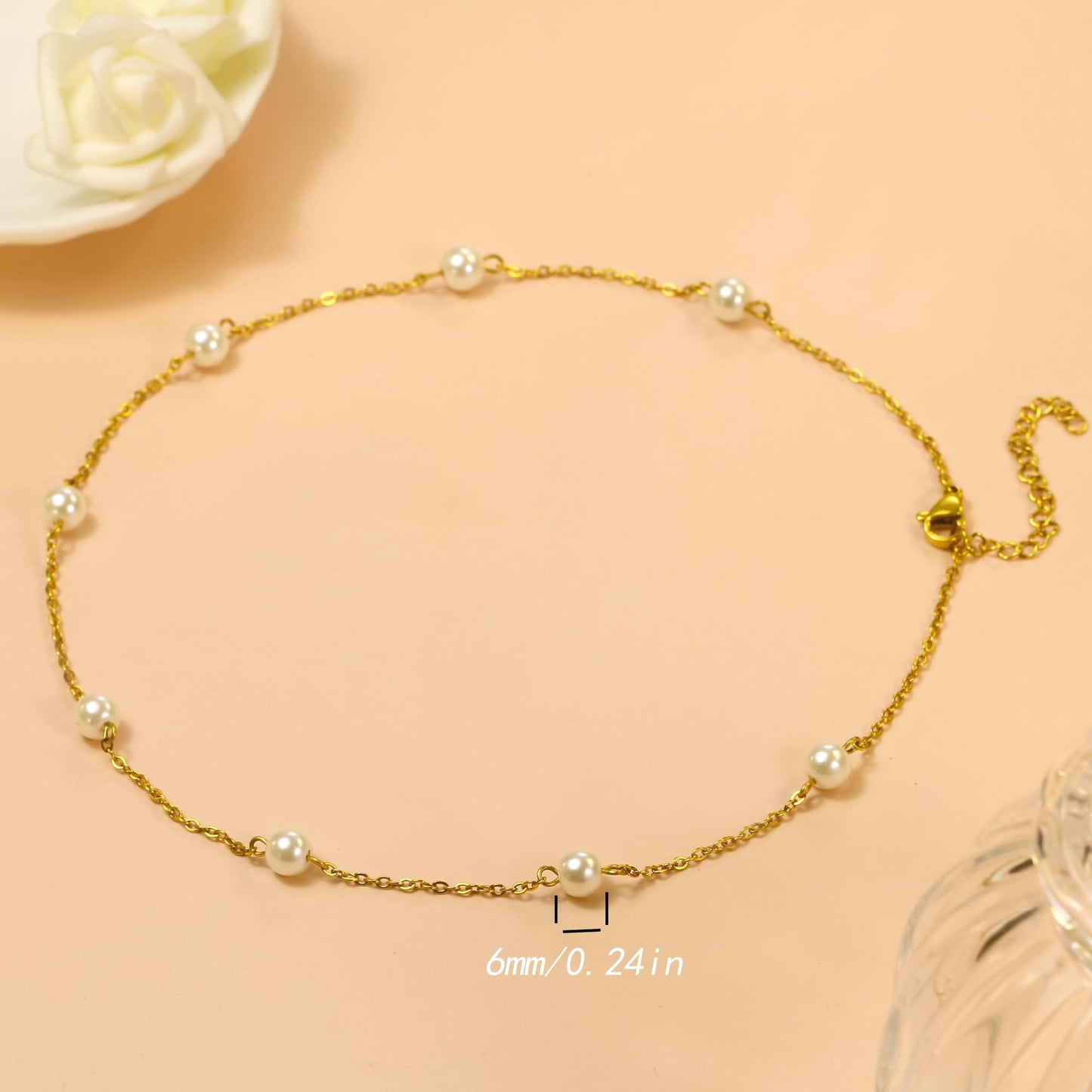Trinckle Gold Pearl Necklace, Dainty Pearl Necklaces for Women White Pearl Choker for Mother Day Graduation, Pearl Prom Accessories Jewelry Strands for Wedding, Bride Bridesmaid Gifts Collar De Perlas