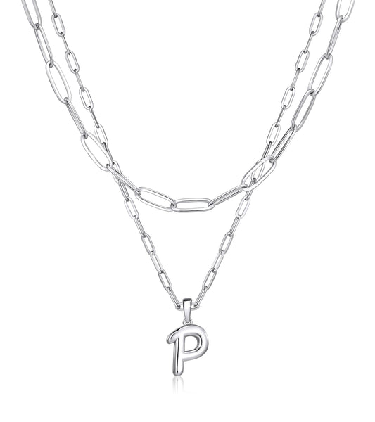 adoyi Silver Initial Necklace for Women 14k Gold Plated Layered Bubble Letter Necklaces Trendy Jewelry Chain Name P Pendant Necklace Stack Birthday Valentines Gifts