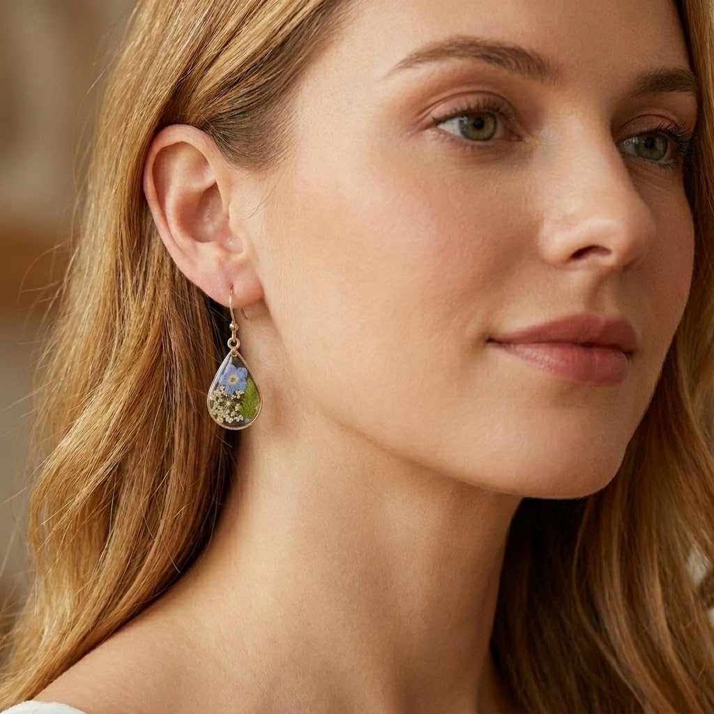 Jean Beau Handmade Blue Pressed Flower Earrings for Women, Forget-Me-Not Queen Anne's Lace Nature Dried Flowers Teardrop Dangle Floral Earings Jewelry Gift