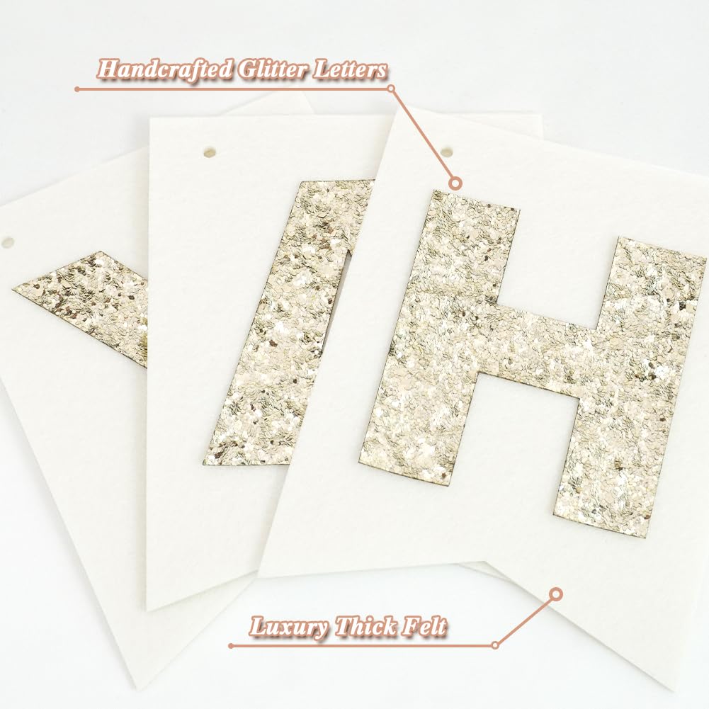 Felt Happy Birthday Banner with Glitter Letters, Cream White Boho Groovy Garland, Reusable Gold Glitter Sign, Thick Felt Bunting Decor for Sweet 16 21st 30 40 50 60 70 Birthday Party