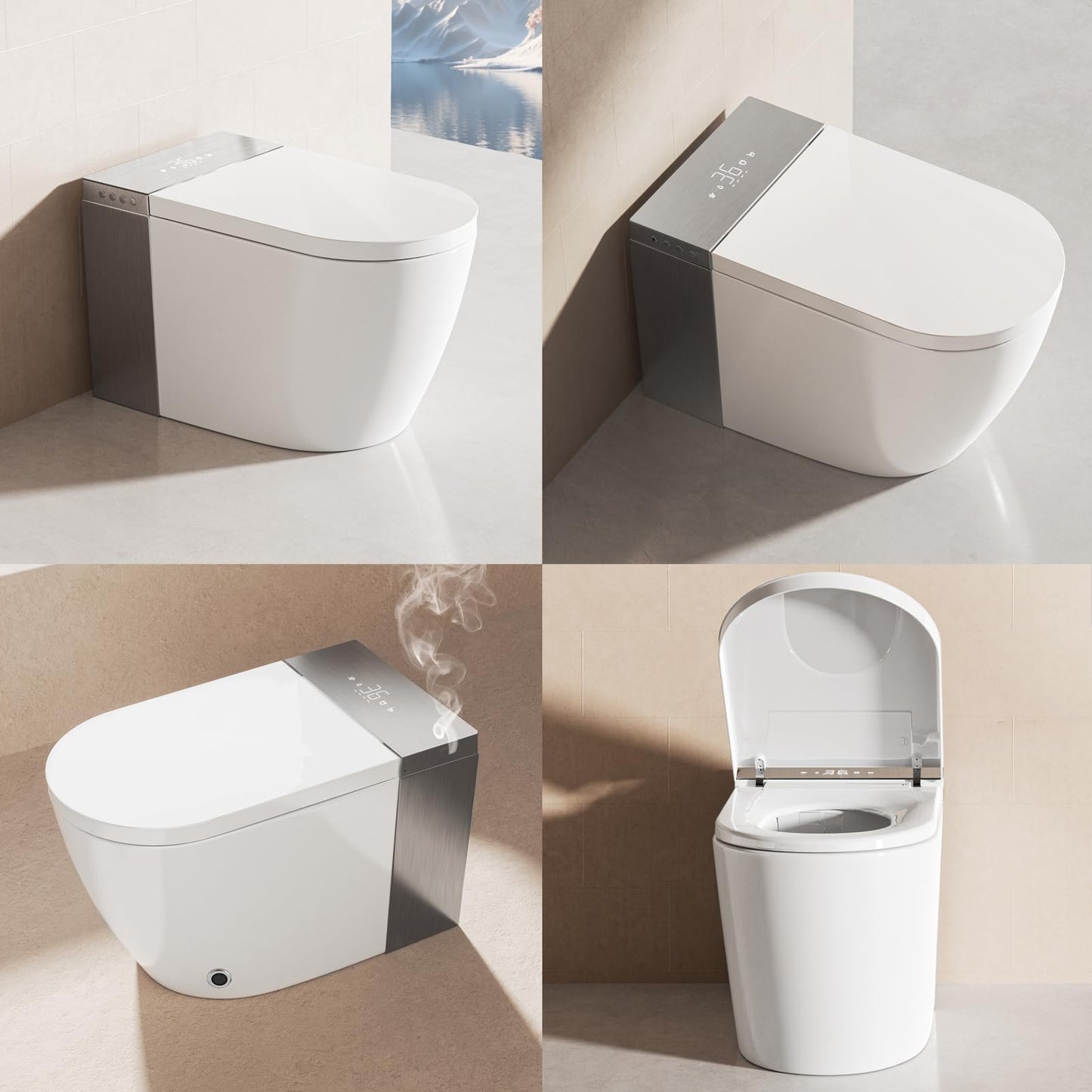 BONSAM Smart Toilet with Auto Open/Close Lid, Modern Tankless Toilet with Bidet Built In, One Piece Toilet with Auto Deodorization, Foot Sensor Operation, Remote Control