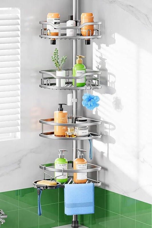 HAMITOR Shower Caddy Tension Pole: Rustproof Quick Install Corner Bathroom Organizer Shelf on Floor for Renters - 4-Tier Large Capacity Storage Rack with Soap Holder for Apartment -47-121 Inch/Silver