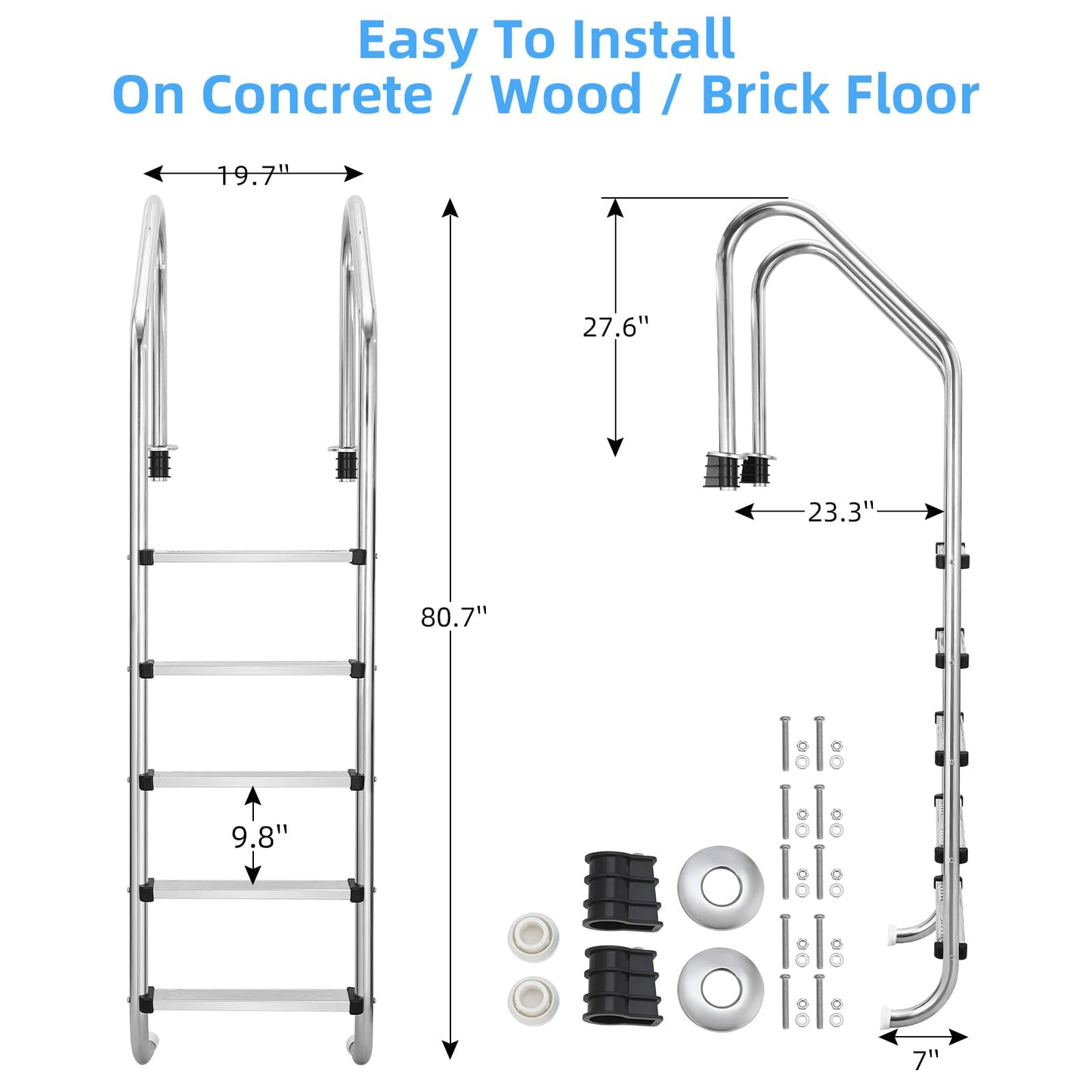 Swimming Pool Ladder, 5-Step Thickened Stainless Steel, Heavy Duty Non-Slip Above Ground Pool Ladder, Weight Capacity 385lbs, for Indoor/Outdoor Pool, Easy Assembly, Sliver