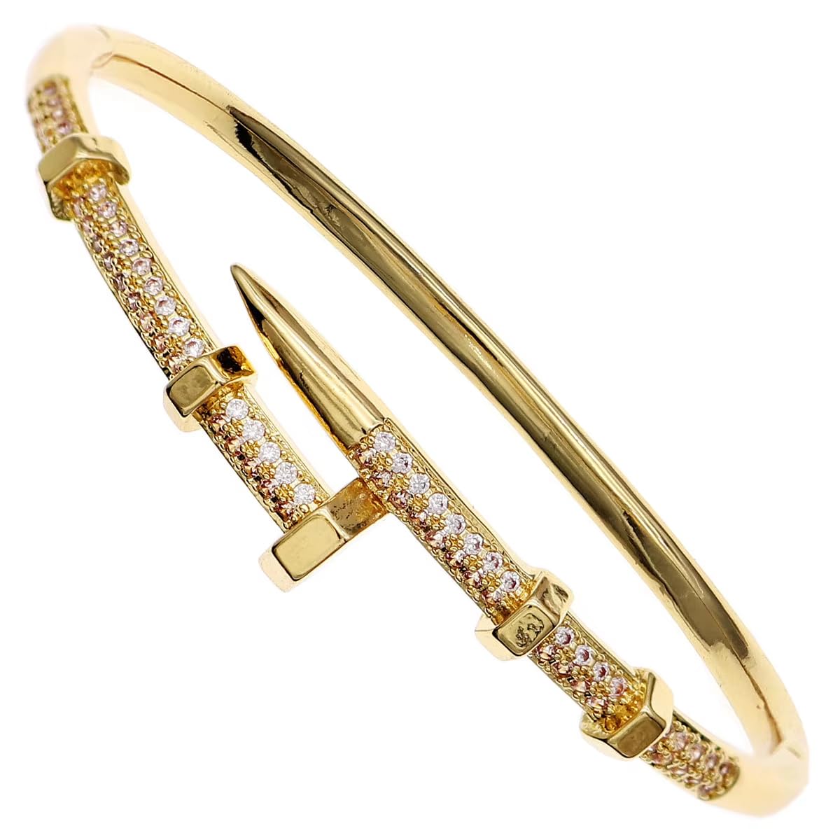 Nail Bangle Bracelet for Women 18K Gold Plated Cubic Zirconia Stones Titanium Steel Bracelet Jewelry Valentines Christmas Gifts (Gold)