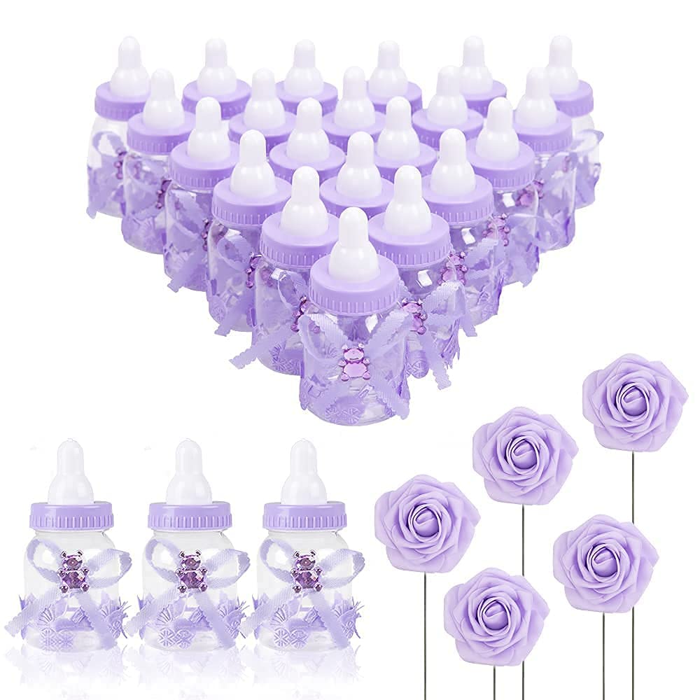 MACTING 2 Dozens 3.5 Inch Feeding Bottle Candy Box with 5Pcs Artificial Flower Rose for Baby Shower Favor Gift Decoration (Purple)