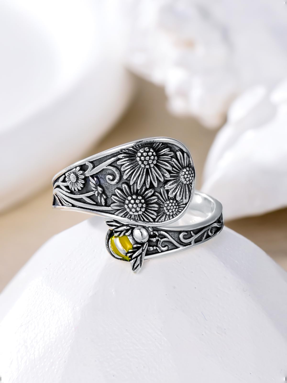 Midari Sunflower Bee Spoon Ring 925 Sterling Silver Sunflower Ring Bee Ring for Women Spoon Rings Adjustable Ring Flower Animal Jewelry Birthday Christmas Gifts for Women Daughter Wife