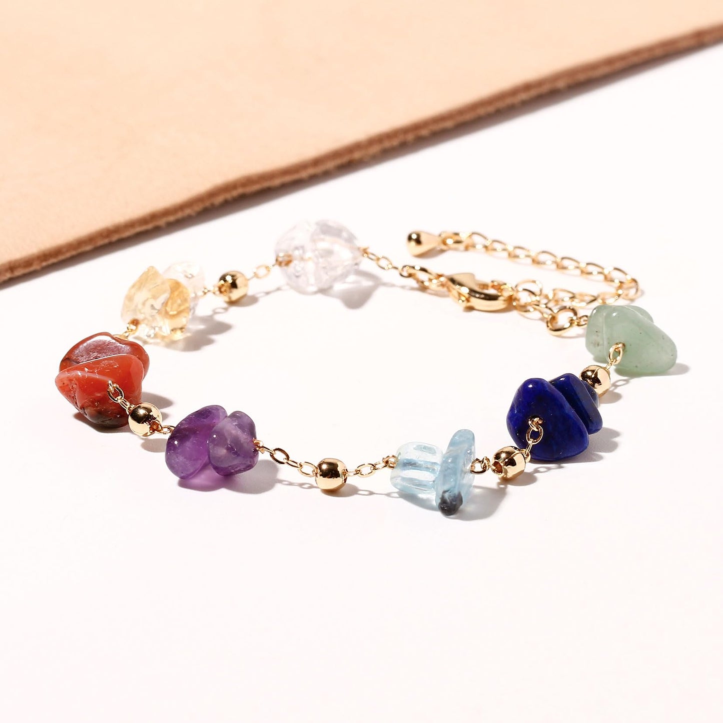 Xfoxstal 7 Chakra Reiki Gemstones Plated 14k Gold Chain Bracelets for Women Meditation Colorful Crystal Chips Beaded Bracelets (6″-8″)