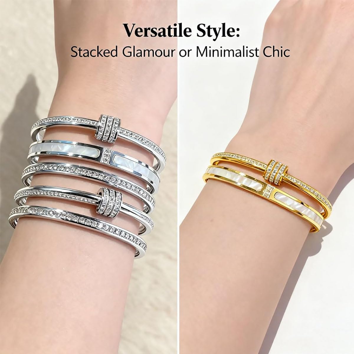 5-Piece Elegant Stainless Steel Bracelet Set, Fashionable Classic Design, Silver/Gold Love Bangle Non Tarnish Stackable Bracelet Trendy Jewelry Gift Gifts for Girlfriend Wife Her (Gold)