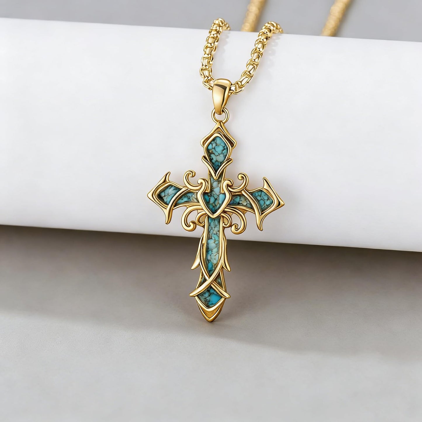 YEESIA Cross Necklace for Men Women, 925 Sterling Silver, Gold Cross Pendant Necklace with Turquoise, Christian Jewelry, Gift for Men Women